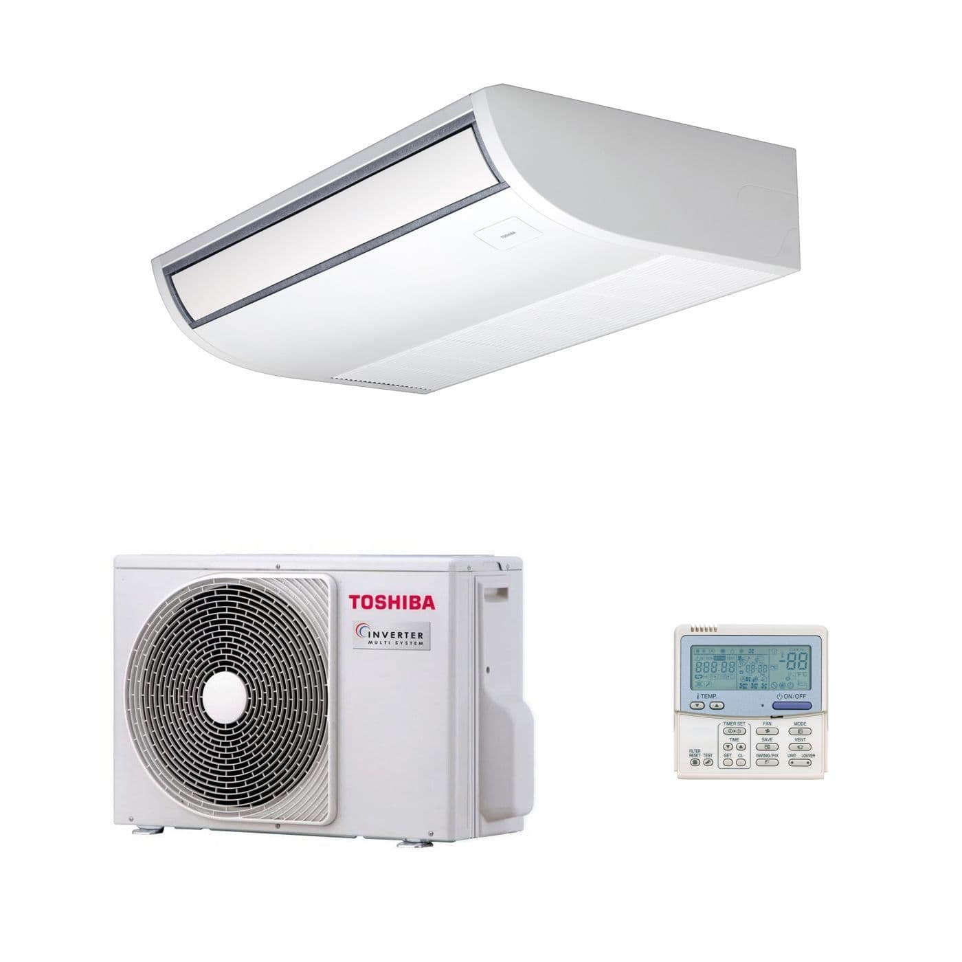 The Toshiba air conditioning ceiling unit is suitable for areas which do not have suspended ceilings, and can be installed adjacent to a side wall, allowing the pipe connections and electrical wiring to be concealed.