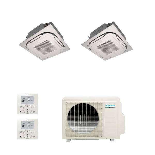 "Daikin Multi 2MXS50H inverter heat pump air conditioning unit with two FCQG35F standard cassette indoor units,