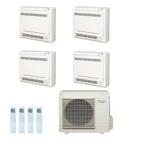 Daikin Multi 4MXS68F inverter heat pump system with four FVXS25F 2.5kW floor/console units, offering A+ energy-rated multi-zone climate control for 240V~50Hz installations.